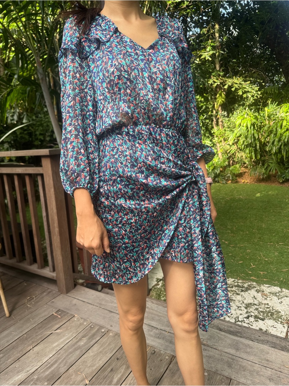 Teal Floral Asymmetrical Ruffle-Sleeve Mini Dress